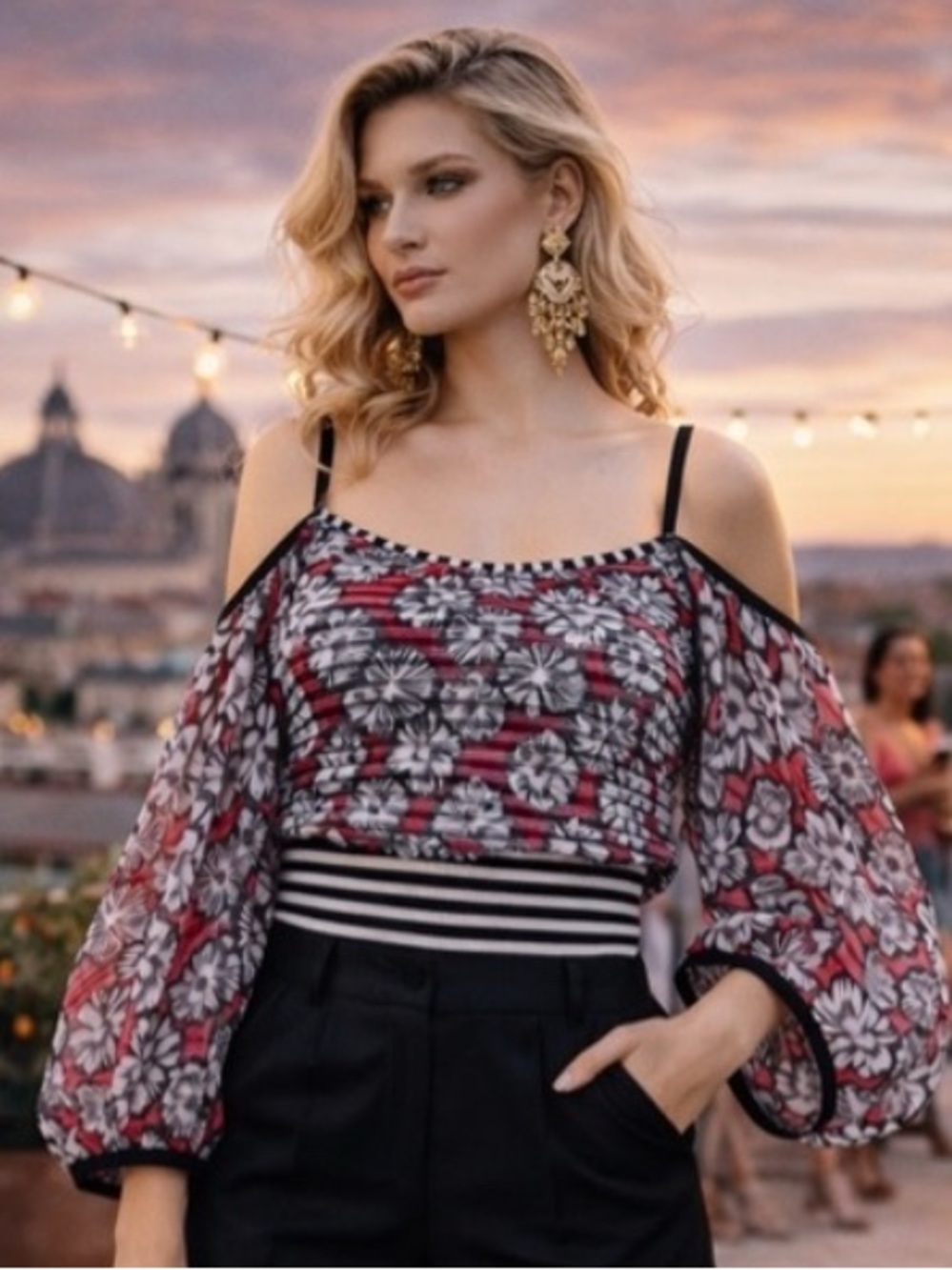 SAVE THE QUEEN Designer Black & White Striped Floral Mesh Open Shoulder Top S - Picture 2 of 13